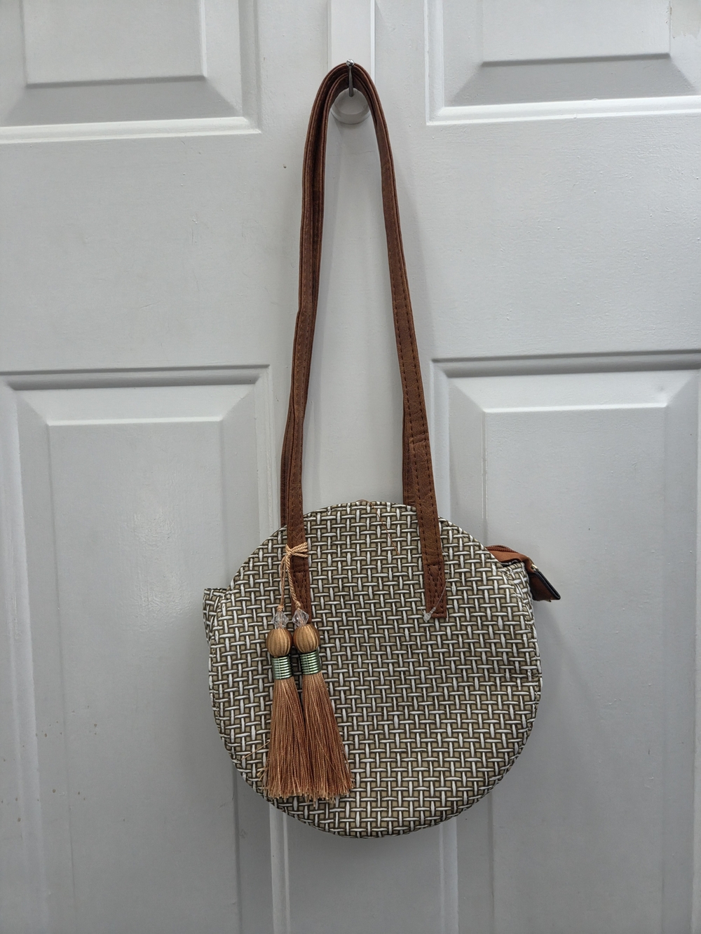 Brown Woven Round Shoulder Bag with Tassel